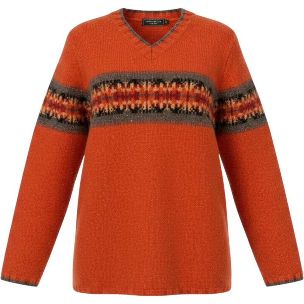 Vintage 90s Y2K Eddie Bauer Fair Isle Lambswool Sweater Orange V Neck Petite M